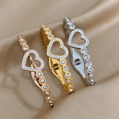 Love Matching Bracelet Femme Luxe Rhinestone Heart Stainless Steel Bangle 18K Gold Plated Couple Charm Bracelets Jewelry Gift