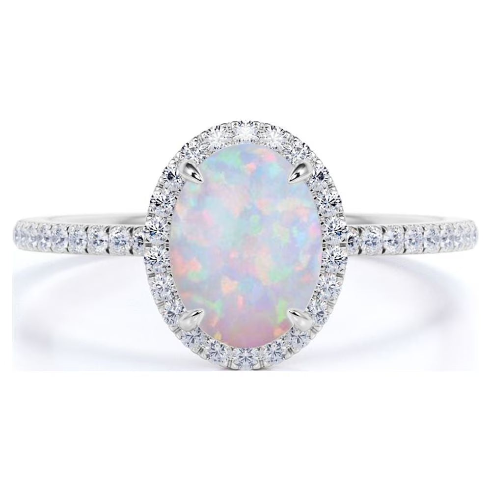 Antique 1.5 Ct Oval Cut Lab Created Opal and Moissanite Halo Promise Ring in 18K White Gold over Silver