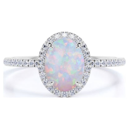 Antique 1.5 Ct Oval Cut Lab Created Opal and Moissanite Halo Promise Ring in 18K White Gold over Silver
