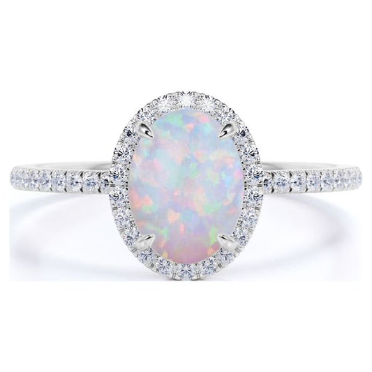 Antique 1.5 Ct Oval Cut Lab Created Opal and Moissanite Halo Promise Ring in 18K White Gold over Silver