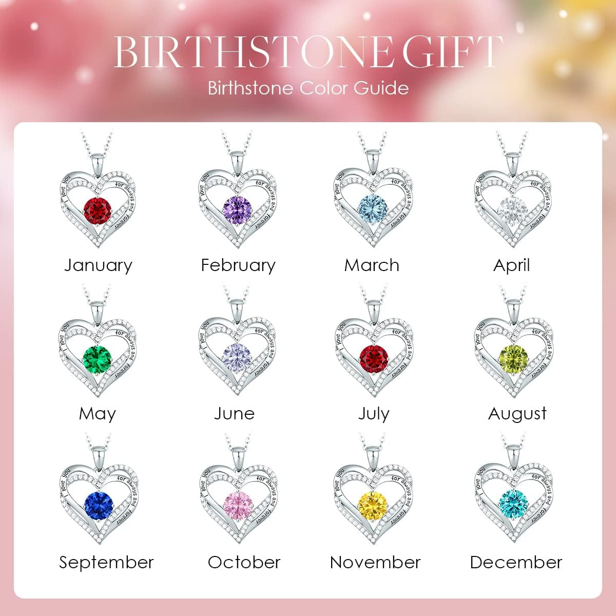 Forever Love Heart Necklaces for Women, Wedding Anniversary, Birthday Mothers Day Gifts for Mom, Mother, Wife, Girlfriend, S925 Silver Jewelry with Birthstone Pendant