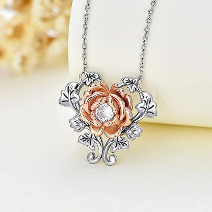 925 Sterling Silver Rose Necklace for Women Rose Flower Heart Pendant Necklace Fine Jewelry for Women