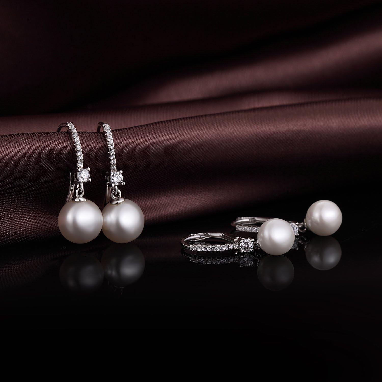 Pearl Dangle Earrings 925 Sterling Silver Pearl Earrings for Women 10Mm White/Black Pearls