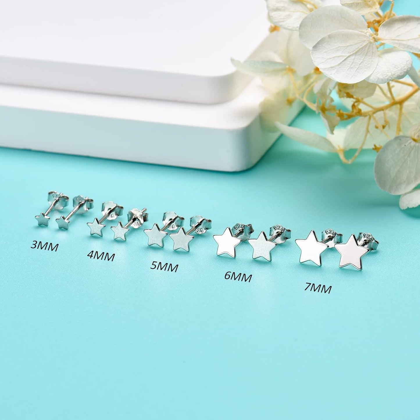 3 Pairs 925 Sterling Silver Star Stud Earrings for Women,Tiny Simple Geometric Stud Earrings Set Small Hypoallergenic Cartilage Tragus Ear Jewellery for Men (3/4/5Mm)