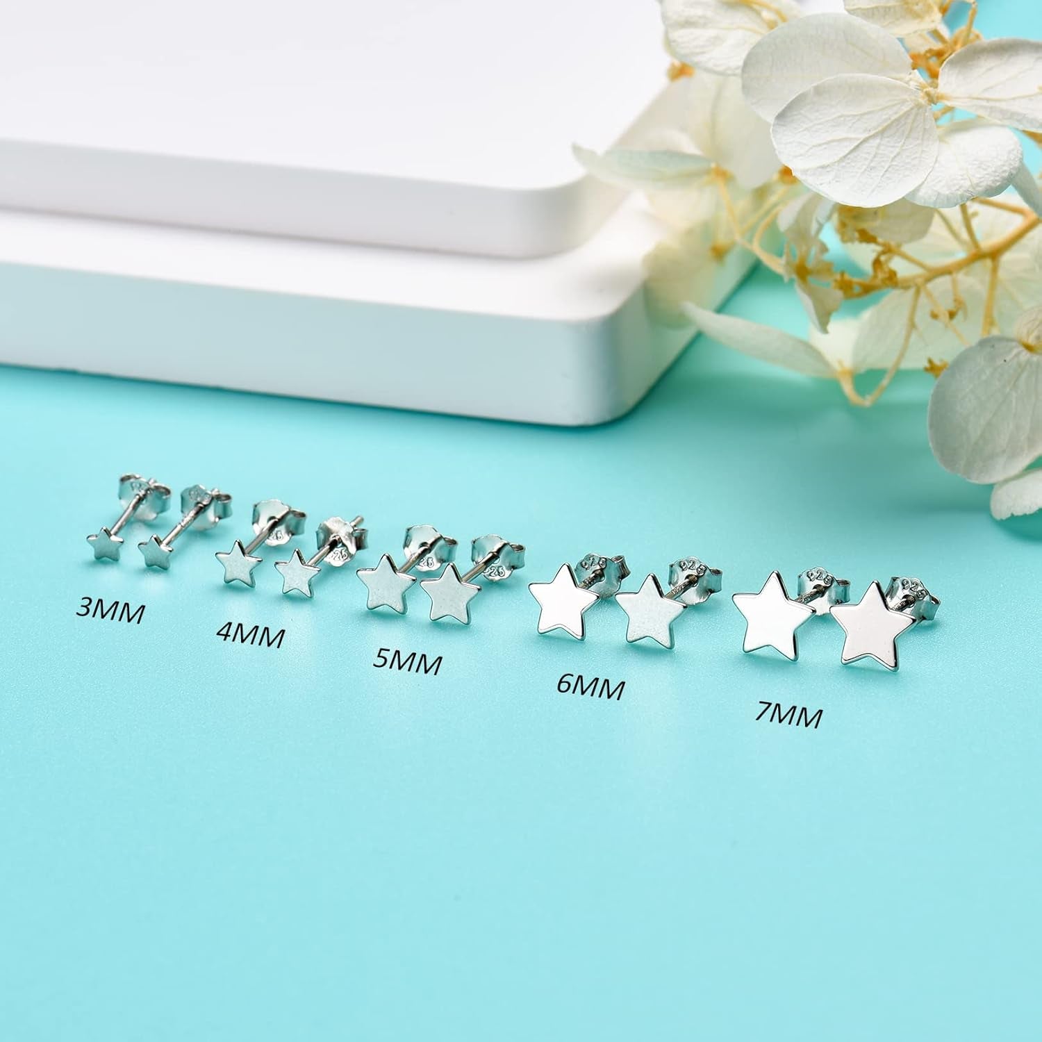3 Pairs 925 Sterling Silver Star Stud Earrings for Women,Tiny Simple Geometric Stud Earrings Set Small Hypoallergenic Cartilage Tragus Ear Jewellery for Men (3/4/5Mm)