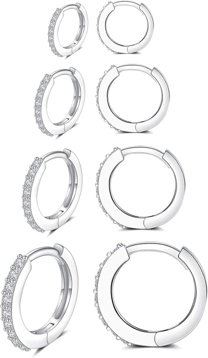 Silver Huggie Hoop Earrings for Women, 3 Pairs Tiny Hypoallergenic Sterling Silver Cartilage Hoops | 14K Gold Small Cubic Zirconia Cuff Earrings Mini Piercing Jewelry (6/8/10/12Mm)