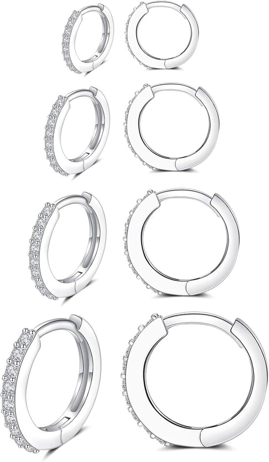 Silver Huggie Hoop Earrings for Women, 3 Pairs Tiny Hypoallergenic Sterling Silver Cartilage Hoops | 14K Gold Small Cubic Zirconia Cuff Earrings Mini Piercing Jewelry (6/8/10/12Mm)