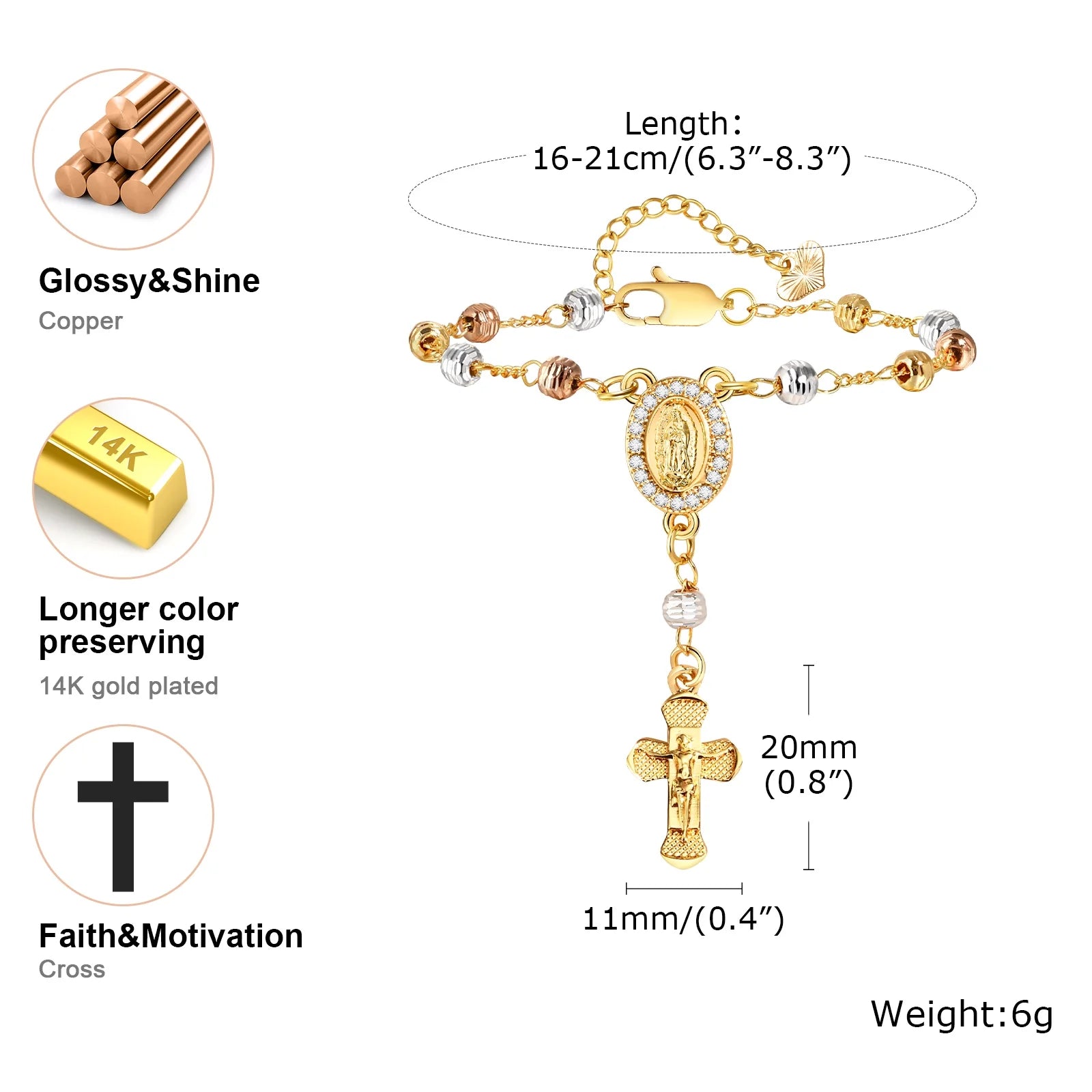 Virgin Mary Rosary Bracelet for Women, 14K Gold Plated Inspirational Jesus Cross Charm Virgen De Guadalupe Bracelet, Adjustable Christian Faith Bead Link Chain Bracelets Religious Jewelry Gifts