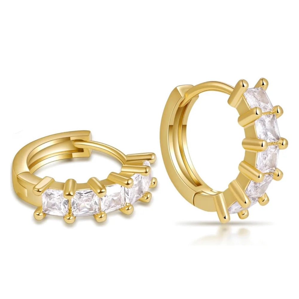 Iced CZ Men Women Huggie Yellow Gold Plated 925 Sterling Silver Cubic Zirconia Princess Cut Hoop