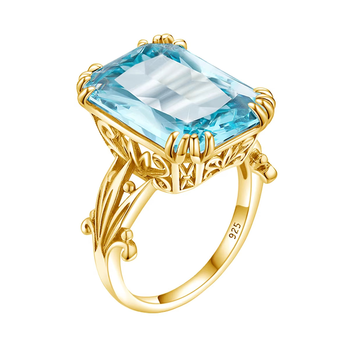 Classic Aquamarine Ring 925 Sterling Sliver Rings for Women Gold Plated Gemstone Vintage Luxury Party Gift Female Fine Jewelry