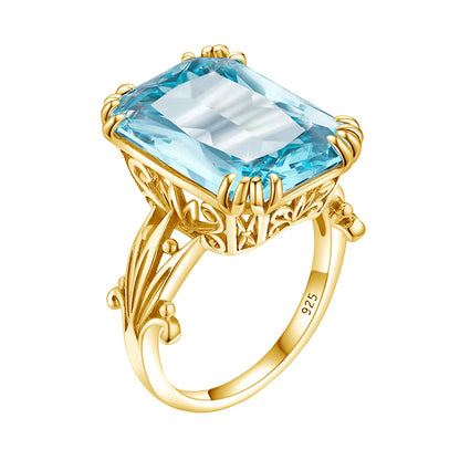Classic Aquamarine Ring 925 Sterling Sliver Rings for Women Gold Plated Gemstone Vintage Luxury Party Gift Female Fine Jewelry