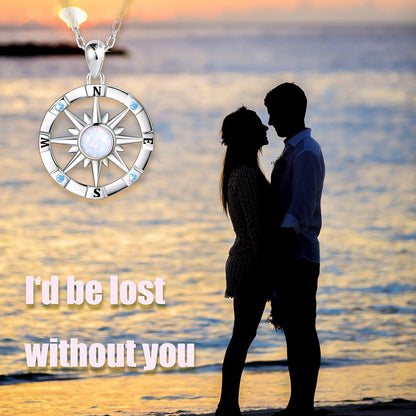 Sterling-Silver Opal Compass Necklace for Women - Inspirational Nautical Dream Compass Pendant，Created Opal Necklaces for Women Mother'S Day and Graduation Jewelry Gifts (Opal and CZ)