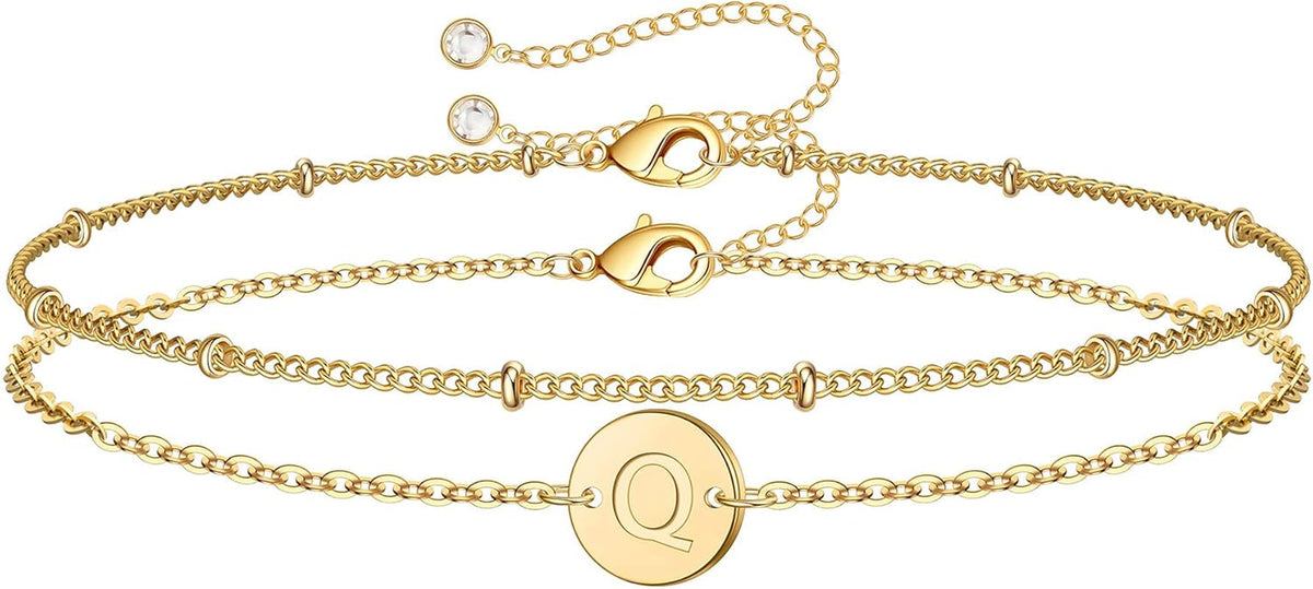 Gold Initial Bracelets for Women - Dainty 14K Gold Plated Layered Beaded Letter Initial Bracelet Personalized 26 Alphabet Disc Monogram Charm Bracelet Jewelry Gifts for Women