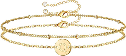 Gold Initial Bracelets for Women - Dainty 14K Gold Plated Layered Beaded Letter Initial Bracelet Personalized 26 Alphabet Disc Monogram Charm Bracelet Jewelry Gifts for Women