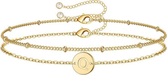 Gold Initial Bracelets for Women - Dainty 14K Gold Plated Layered Beaded Letter Initial Bracelet Personalized 26 Alphabet Disc Monogram Charm Bracelet Jewelry Gifts for Women