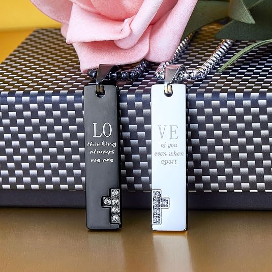 Silver & Black Matching Couple Cross Necklaces – Set of 2