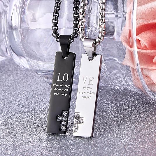 Silver & Black Matching Couple Cross Necklaces – Set of 2
