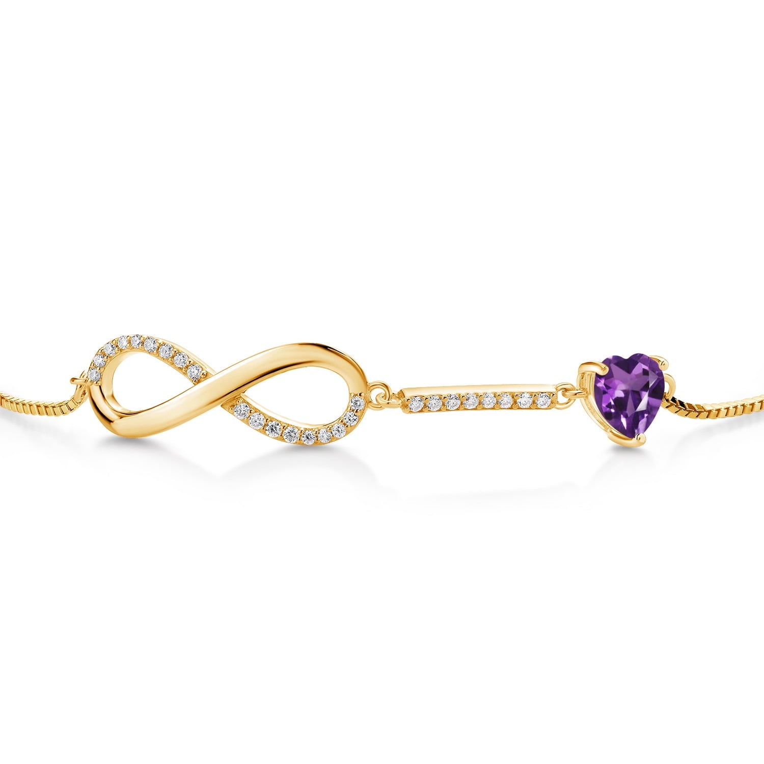 18K Yellow Gold Plated Silver Infinity Bracelet for Women with Heart Amethyst and Moissanite (0.93 Cttw, Box Chain Fully Adjustable up to 9 Inch)