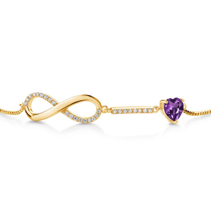 18K Yellow Gold Plated Silver Infinity Bracelet for Women with Heart Amethyst and Moissanite (0.93 Cttw, Box Chain Fully Adjustable up to 9 Inch)