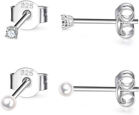 Sterling Silver Stud Earrings for Women- 2 Pairs of Small Cartilage Tragus Stud Earrings Set, 2Mm Tiny Cubic Zirconia Earrings round Ball Earrings & Pearl Earrings