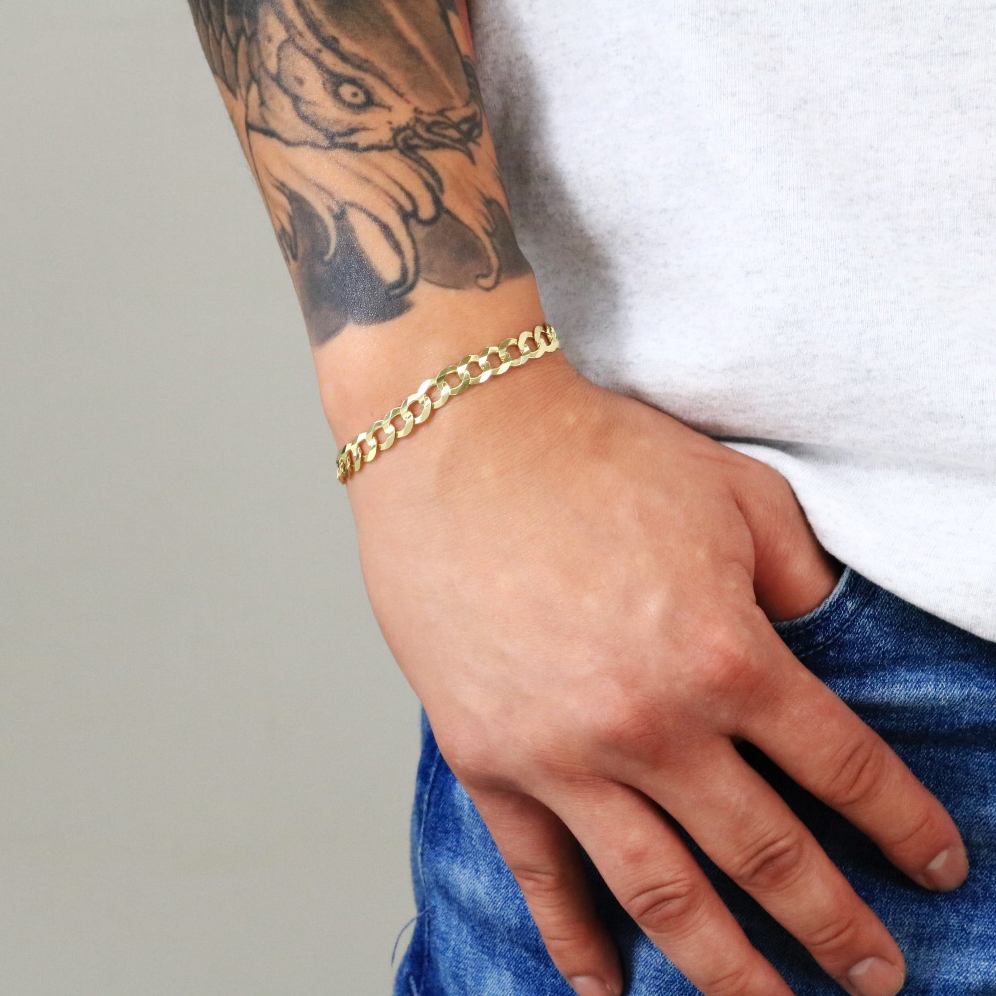 10K Real Yellow Gold Solid Cuban Curb Link 7Mm Chain Bracelet (7"-9") Italian Jewelry for Men