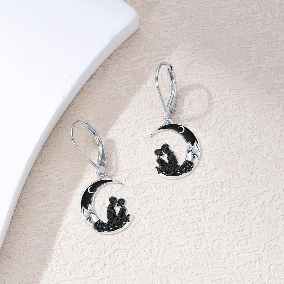 925 Sterling Silver Skeleton Couple Moon Dangle Earrings