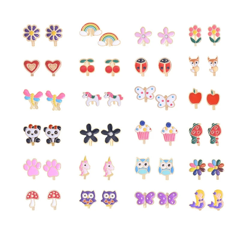 R2LE 24Pairs/Set Kids Clip-On Earrings Flower Heart Clip-On Earring Set for Girl