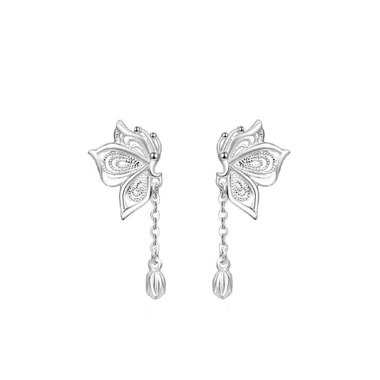Women'S S999 Silver Sweet Tassel New Butterfly Earrings