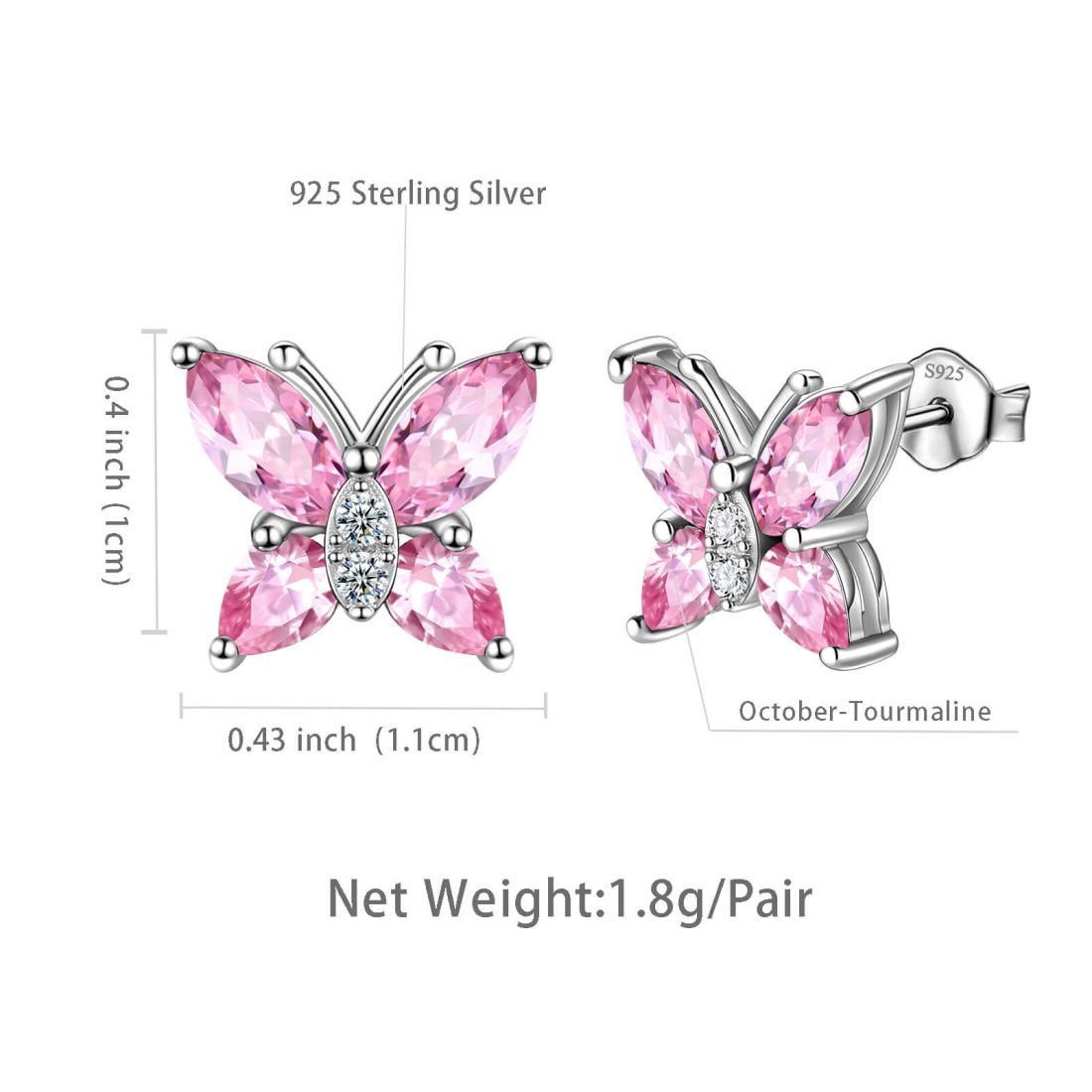 October Birthstone Earrings Pink Butterfly Earrings Tourmaline CZ Marquise Sterling Silver Jewelry Women Birthday Mother'S Day Gifts