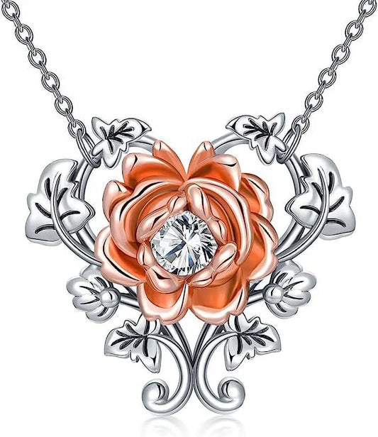 925 Sterling Silver Rose Necklace for Women Rose Flower Heart Pendant Necklace Fine Jewelry for Women