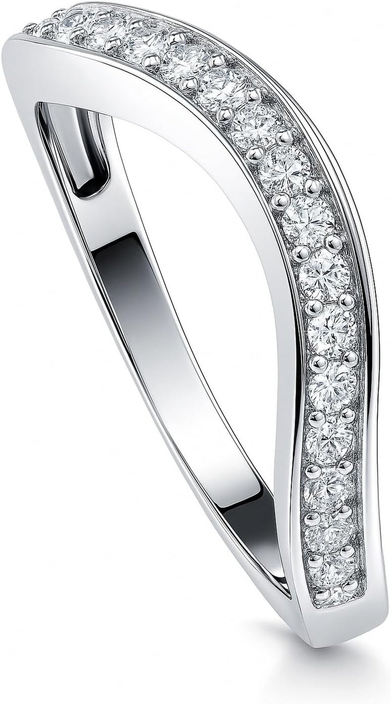 Sterling Silver CZ Ring Enhancer for Wedding Engagement Rings, Cubic Zirconia Chevron Curved Half Eternity Band Ring for Women