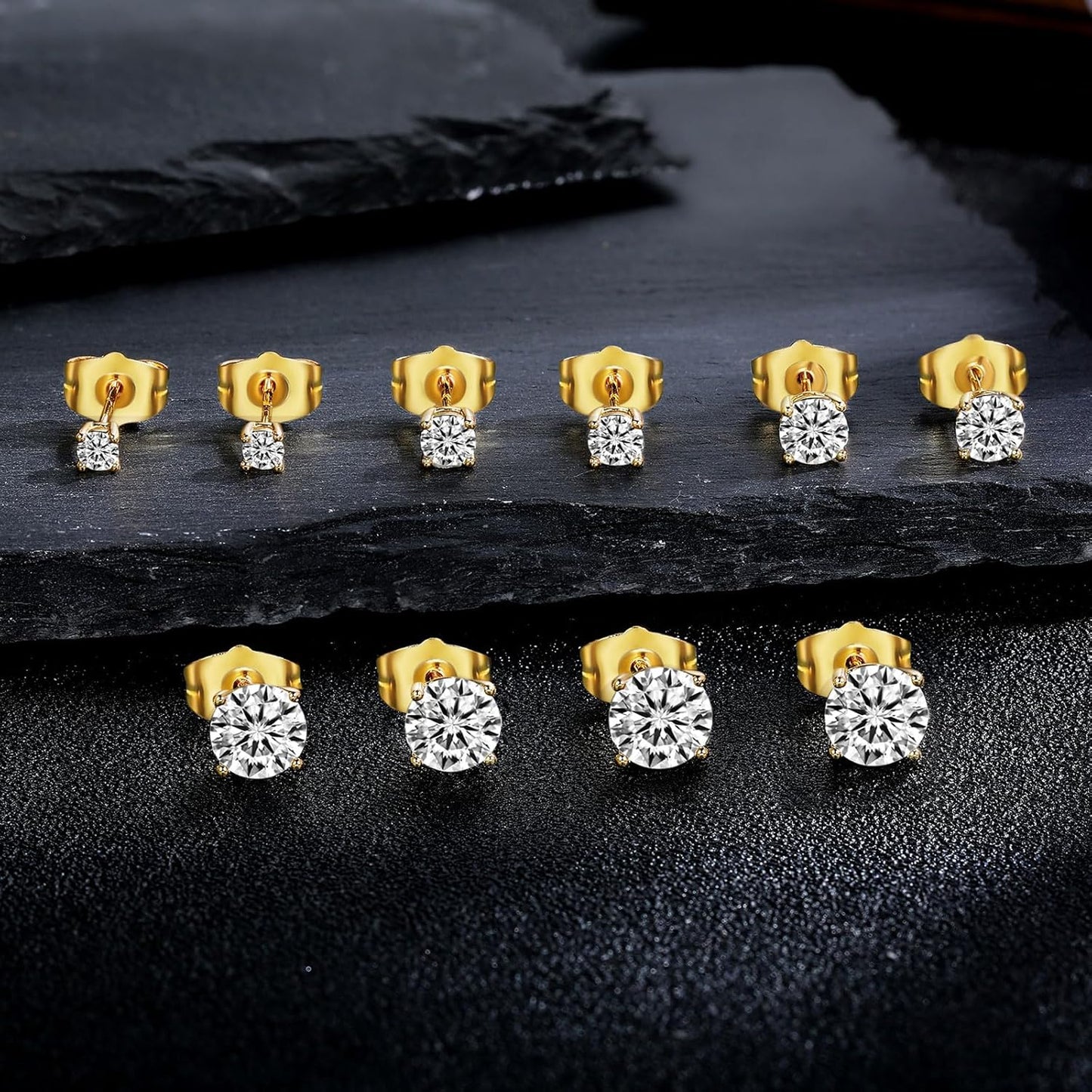 5 Pairs Stud Earrings Sets 3-7MM 18K Gold Plated Round/Cushion/Asscher/Emerald Cut Cubic Zirconia Earring Hypoallergenic Stud Earrings for Women Men