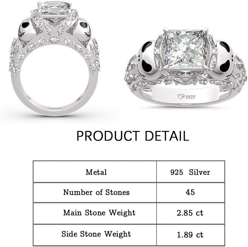 Jack Rings Women Nightmare before Christmas Skull Rings 925 Sterling Silver Princess Cut Band Ring Anniversary Promise Romantic Christmas Gifts for Her
