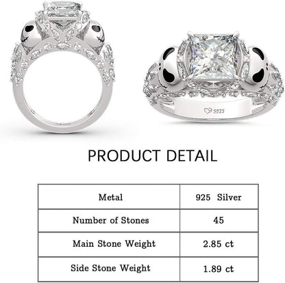 Jack Rings Women Nightmare before Christmas Skull Rings 925 Sterling Silver Princess Cut Band Ring Anniversary Promise Romantic Christmas Gifts for Her