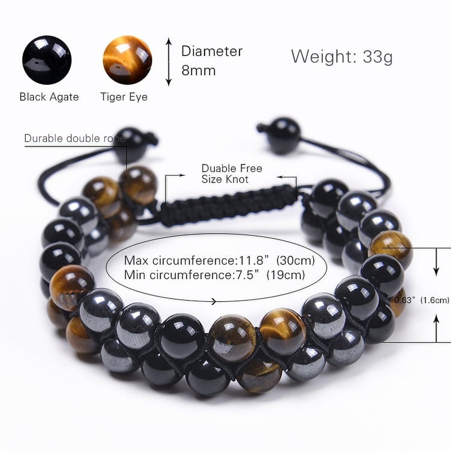 Triple Protection Bracelet, Tigers Eye Black Obsidian and Hematite 8Mm Beads Bracelet for Men Women, Jewelry Healing Bracelets Bring Luck and Prosperity and Happiness