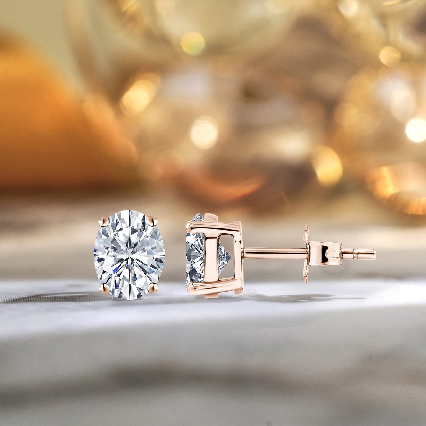 4 Prong 0.5 Carat Oval Cut Moissanite Solitaire Stud Earrings in 18K Rose Gold Plating for Women