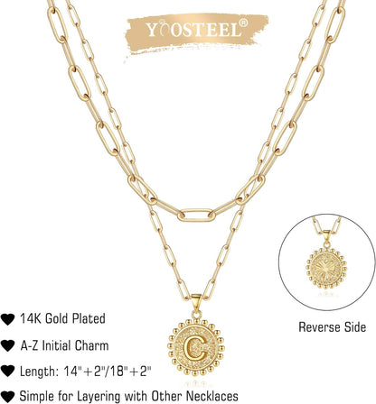 Gold Initial Necklaces for Women, 14K Gold Plated Dainty Layering Paperclip Link Chain Necklace Coin Initial Layered Necklaces for Women Personalized Birthday Gifts