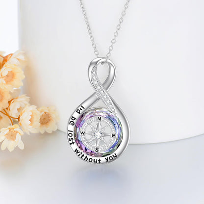 Graduation Gifts I'D Be Lost without You Compass Necklace for Women Sterling Silver Infinity Necklace with Purple Crystal Jewelry Birthday Gifts for Women