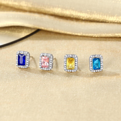 Square Diamond Stud Earrings September Sapphire Birthstone Earrings, Sterling Silver Earrings Birthday Jewelry Gift for Women