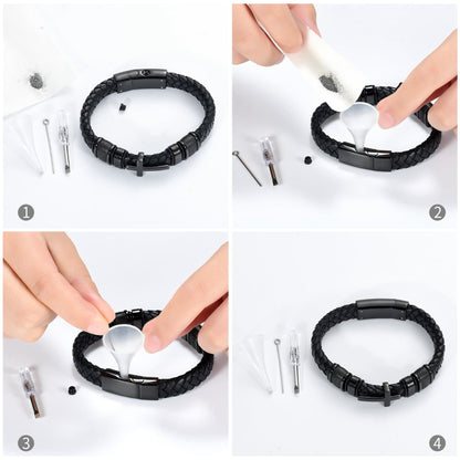 Mens Double-Band Black Braided Leather Bangle Bracelets Cremation Jewelry for Ashes Wristband Memorial Urn Bangle with Cross Charm