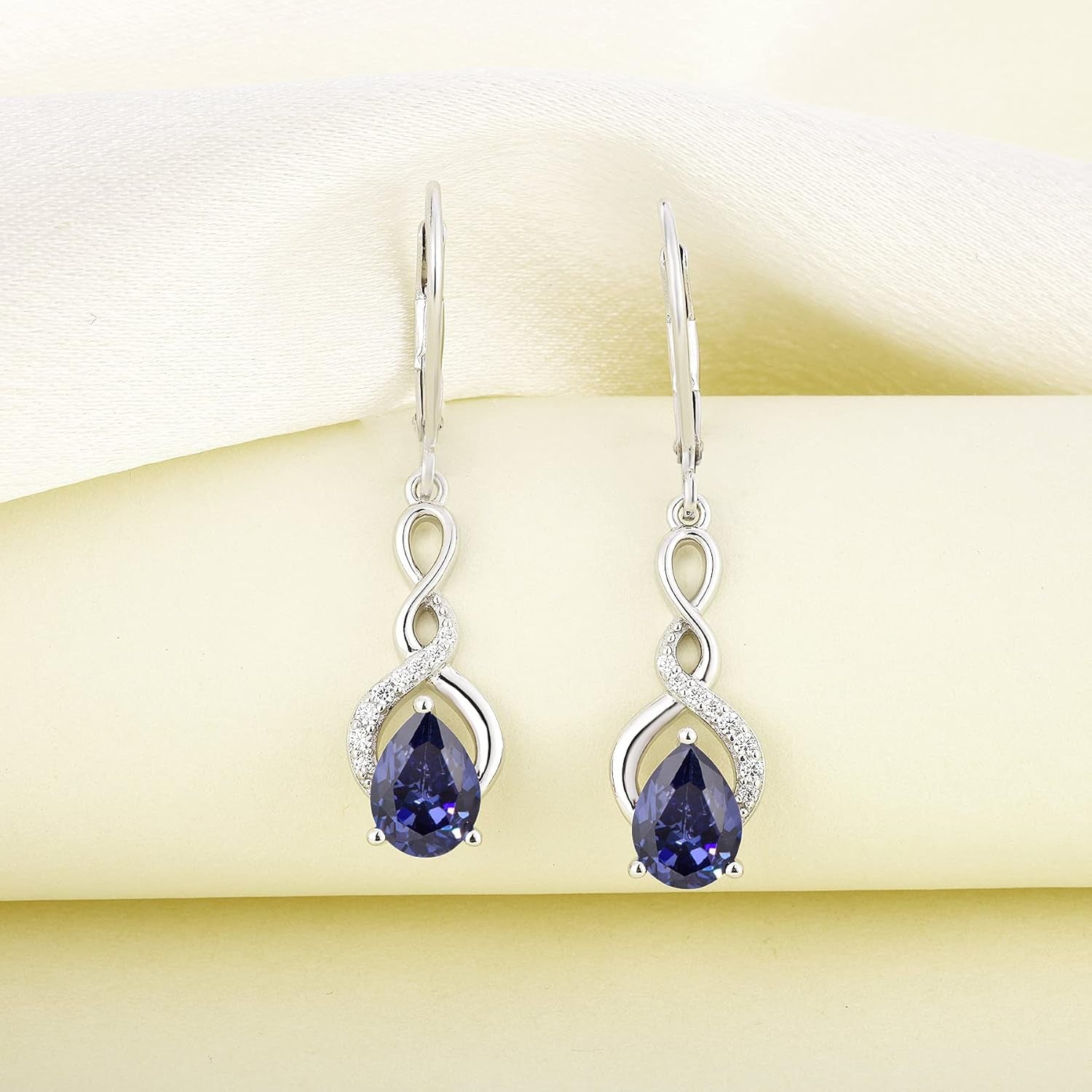 925 Sterling Silver Infinity Dangle Drop Earrings Pear Cut Birthstone Leverback Earrings for Women