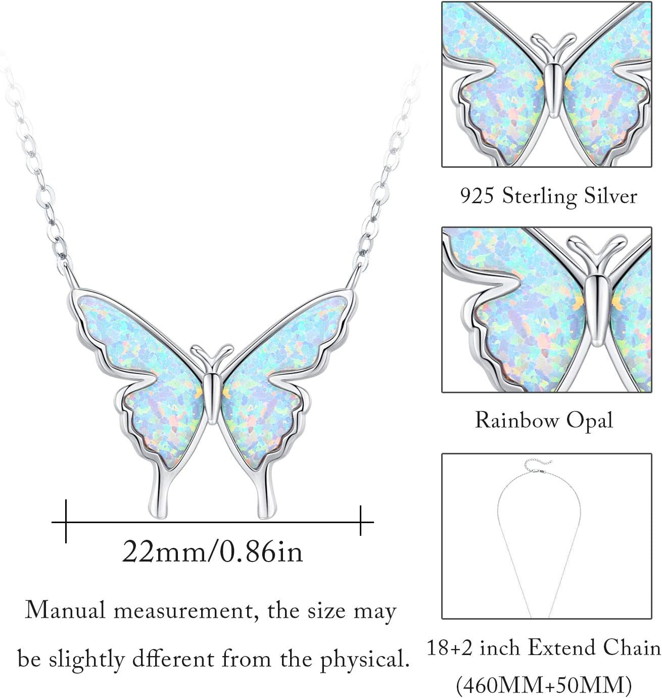 Opal Butterfly Necklace for Women 925 Sterling Silver Dainty Cute Butterfly Charm Jewelry Delicate Pendant Butterfly Necklace Birthday Christmas Gift for Wife Girlfriend Mom Teen