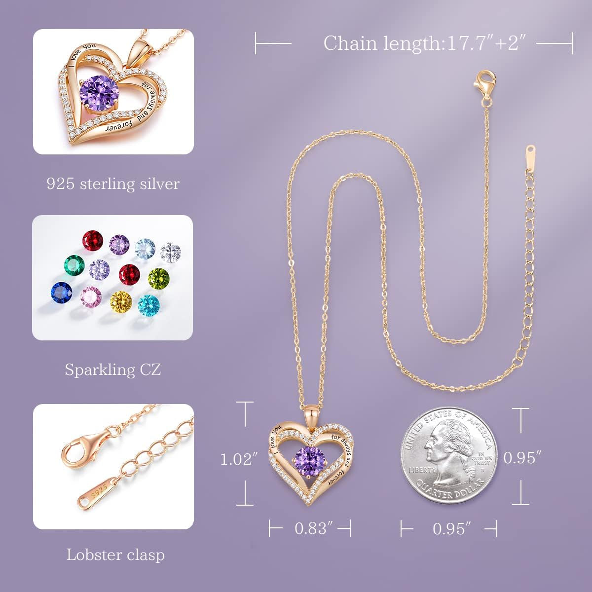 Forever Love Heart Necklaces for Women, Wedding Anniversary, Birthday Mothers Day Gifts for Mom, Mother, Wife, Girlfriend, S925 Silver Jewelry with Birthstone Pendant
