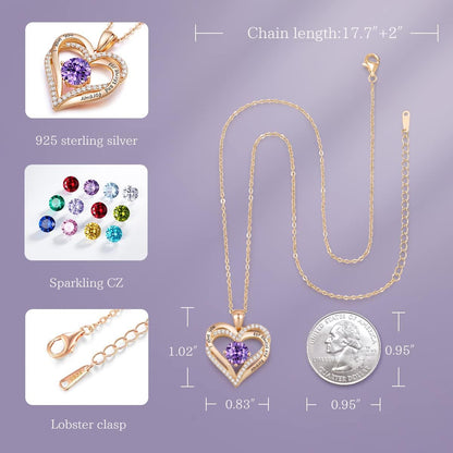 Forever Love Heart Necklaces for Women, Wedding Anniversary, Birthday Mothers Day Gifts for Mom, Mother, Wife, Girlfriend, S925 Silver Jewelry with Birthstone Pendant