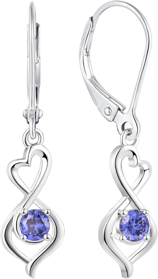 Heart Dangle Drop Earrings 925 Sterling Silver Infinity Leverback Earrings Birthstones Twisted Jewelry for Women