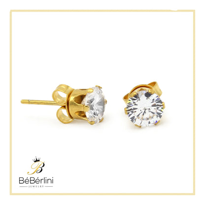 Men Stud Earrings CZ 14K Gold Plated Stainless Steel Jewelry round 6 Mm