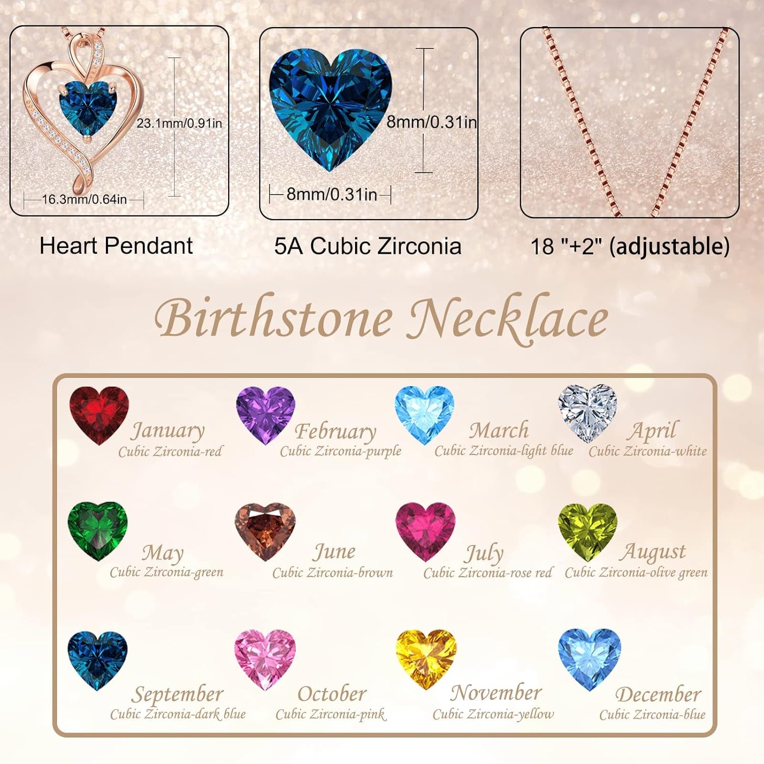 Heart Birthstone Necklace for Women Fine Jewelry 925 Sterling Silver Heart Necklace Dainty Pendant Anniversary Birthday Christmas Gifts for Her Girlfriend Wife Mom Lady Daughter Chain 18"+2"