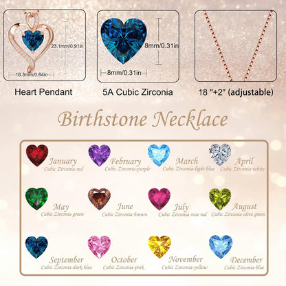Heart Birthstone Necklace for Women Fine Jewelry 925 Sterling Silver Heart Necklace Dainty Pendant Anniversary Birthday Christmas Gifts for Her Girlfriend Wife Mom Lady Daughter Chain 18"+2"