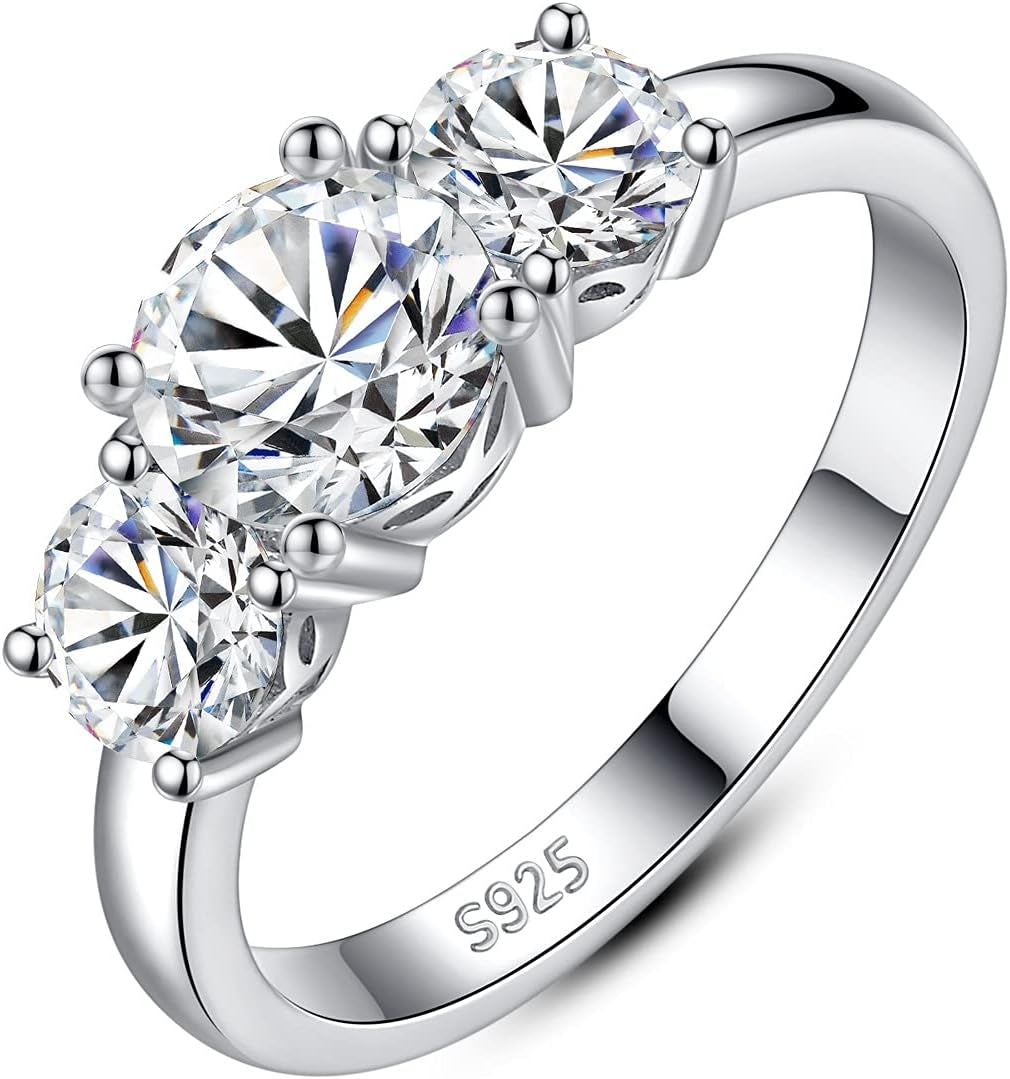 3 Stone Moissanite Engagement Rings 925 Sterling Silver 2Ct D Color VVS Lab Created Diamond round Cut Sparkling Wedding Band for Women Size 4-11