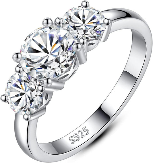 3 Stone Moissanite Engagement Rings 925 Sterling Silver 2Ct D Color VVS Lab Created Diamond round Cut Sparkling Wedding Band for Women Size 4-11